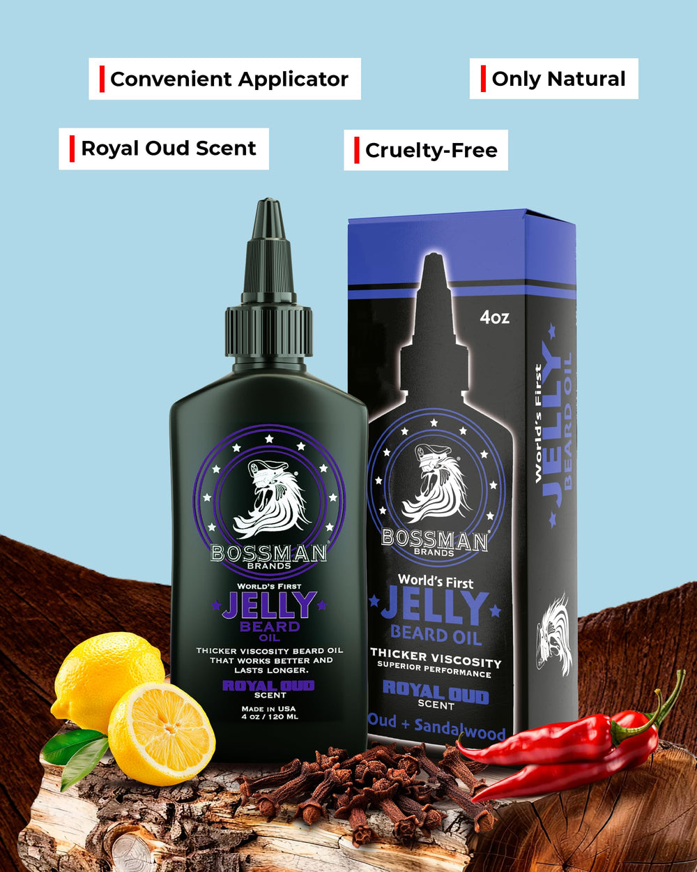 Avocado oil and soybean oil ingredients highlight natural beard-health care from Bossman Jelly Oil.