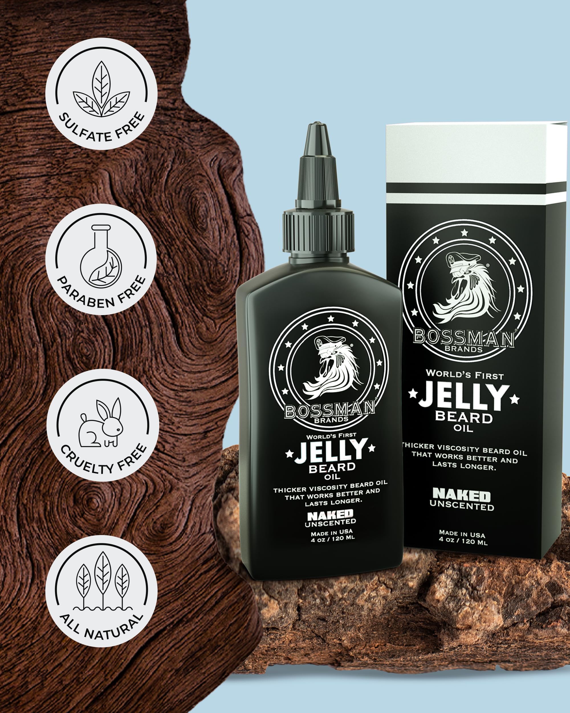 Naked unscented Bossman Jelly Beard Oil emphasizes fragrance-free beard care.