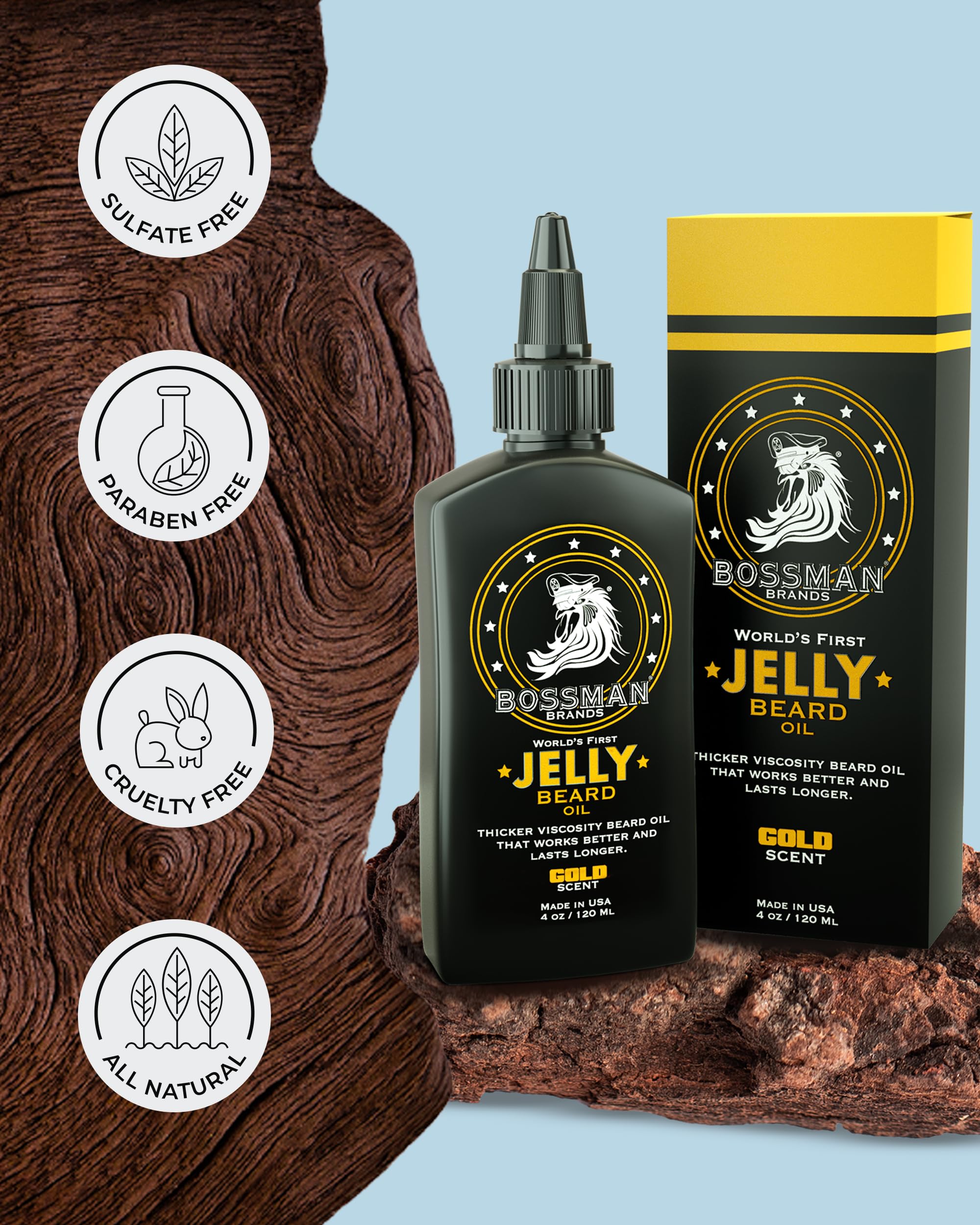 Close-up of Bossman Jelly texture on beard demonstrates long-lasting moisture.