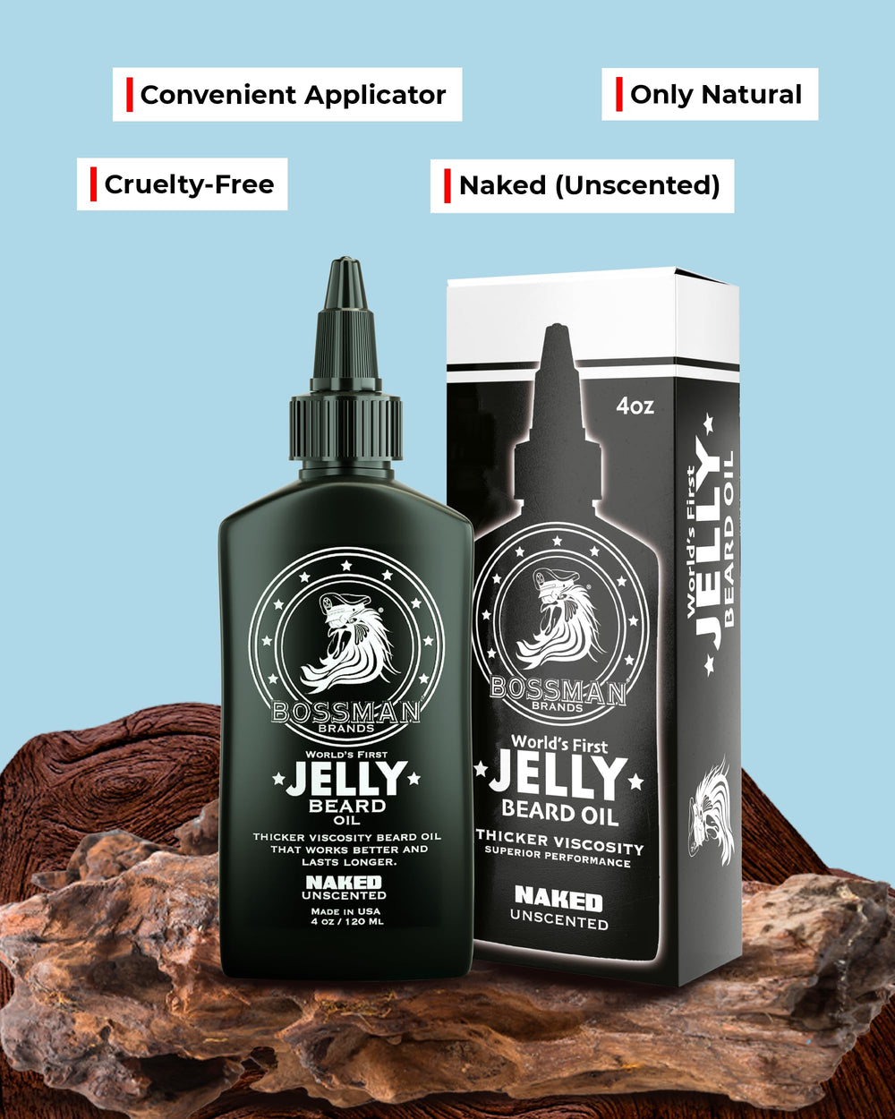 Bossman jelly texture in jar demonstrates thick, moisture-locking formula for beard.