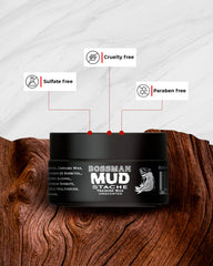 Bossman MUDstache 24-hour hold image highlights matte, non-tacky finish.