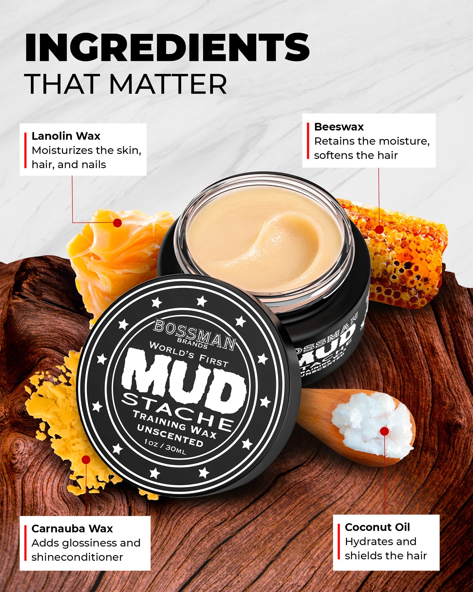 Bossman MUDstache application smooth closeup demonstrates easy-to-distribute, strong hold.