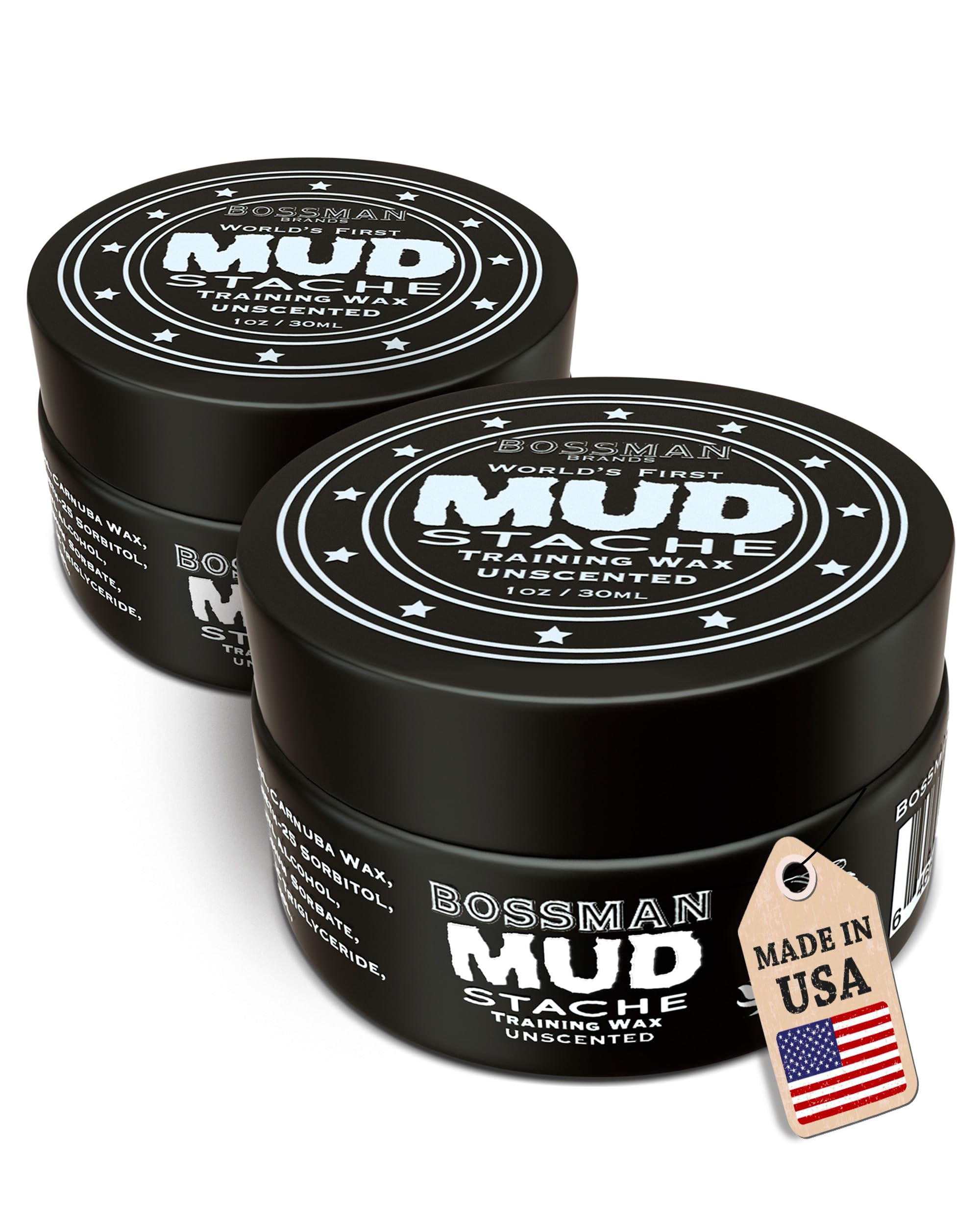 Bossman MUDstache jar closeup shows natural matte finish and strong hold.