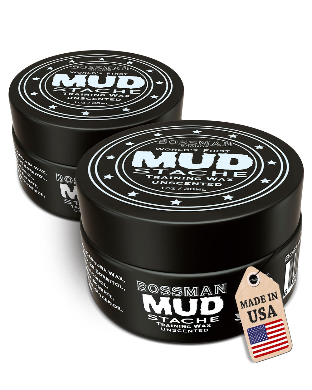 Bossman MUDstache jar closeup shows natural matte finish and strong hold.