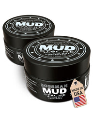 Bossman MUDstache jar closeup shows natural matte finish and strong hold.