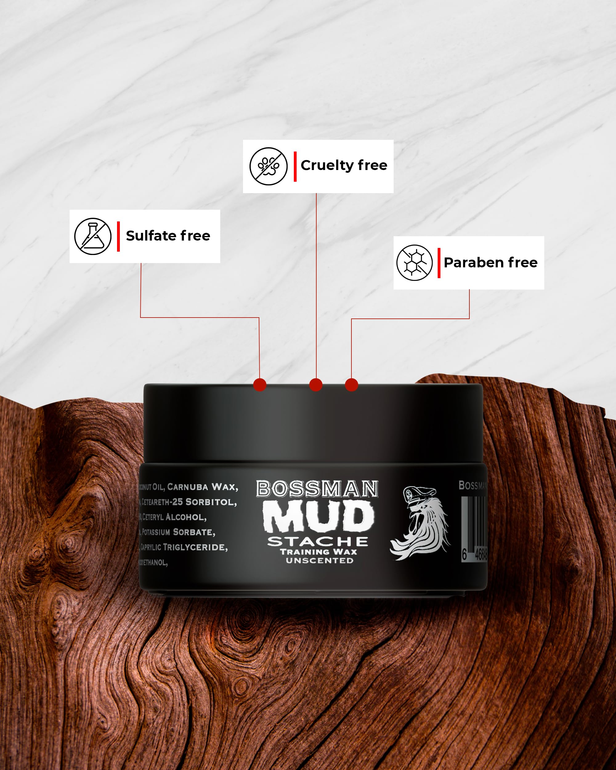 Bossman MUDstache texture closeup highlights matte finish without stiffness.