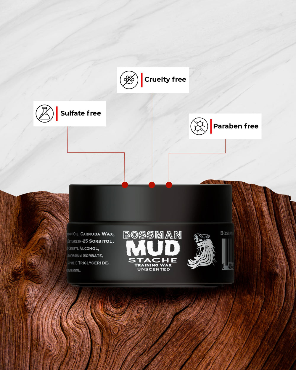 Bossman MUDstache texture closeup highlights matte finish without stiffness.
