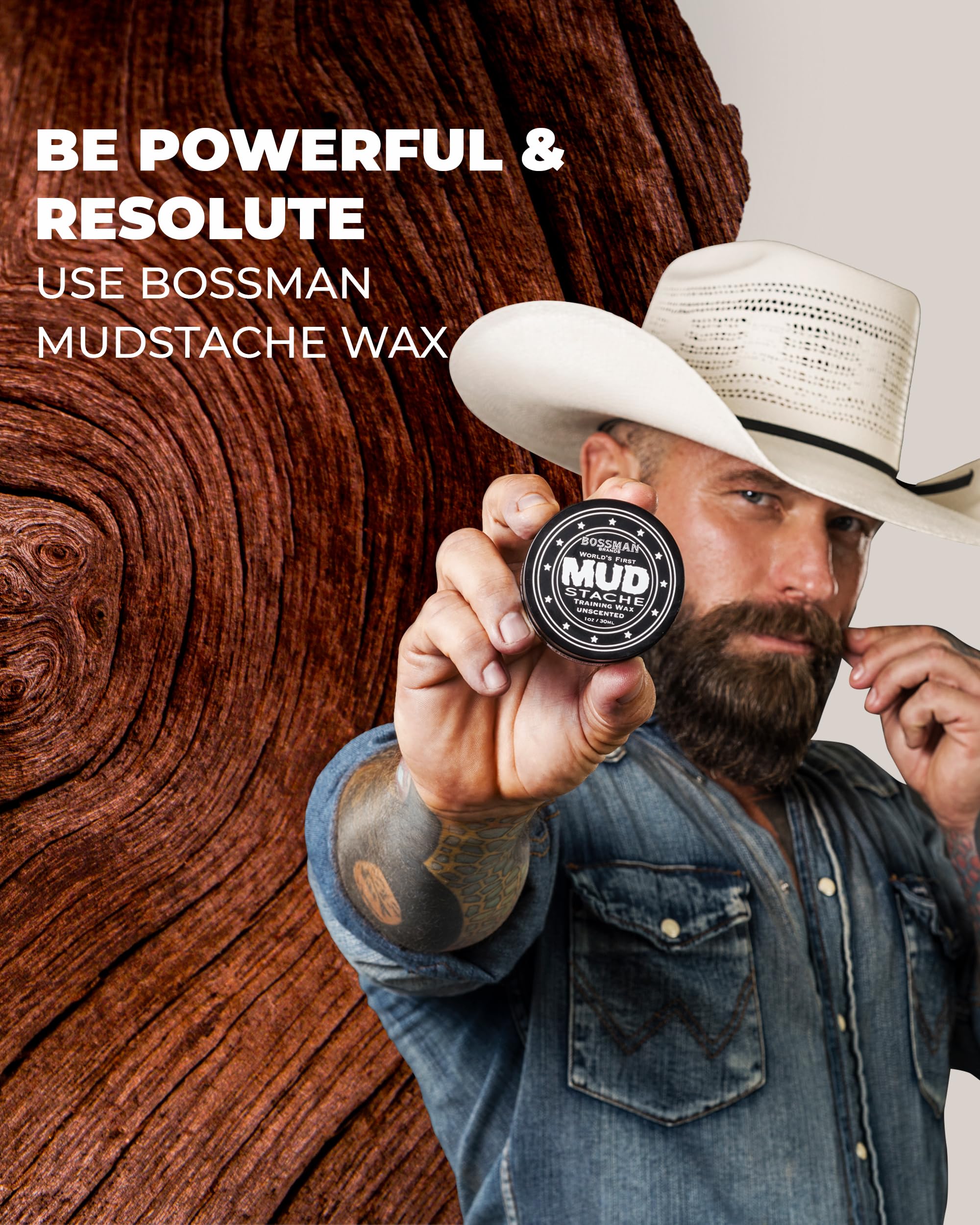 Bossman MUDstache unscented label communicates fragrance-free grooming option.