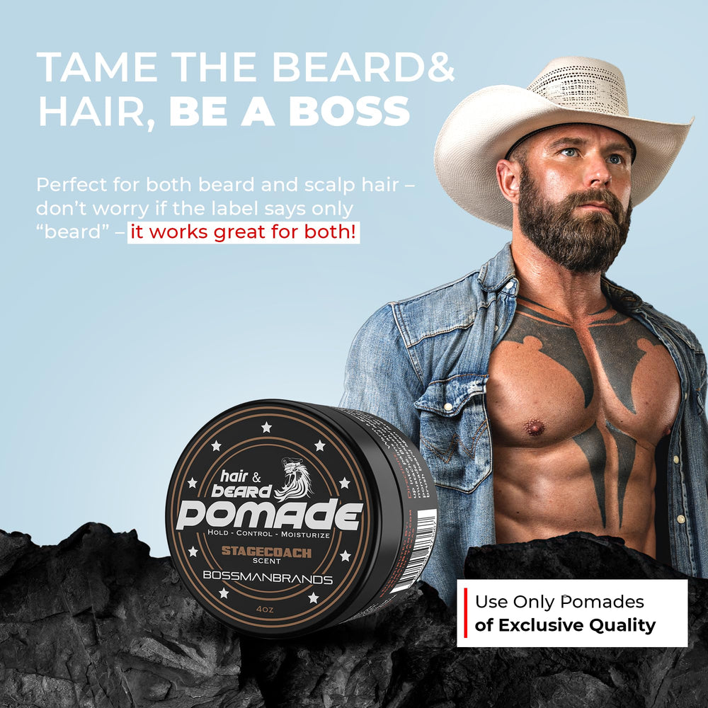 Bossman Stagecoach pomade in use for neat beard and hair.