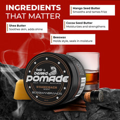 Bossman Stagecoach pomade bottle shows cruelty-free, USA-made assurance.