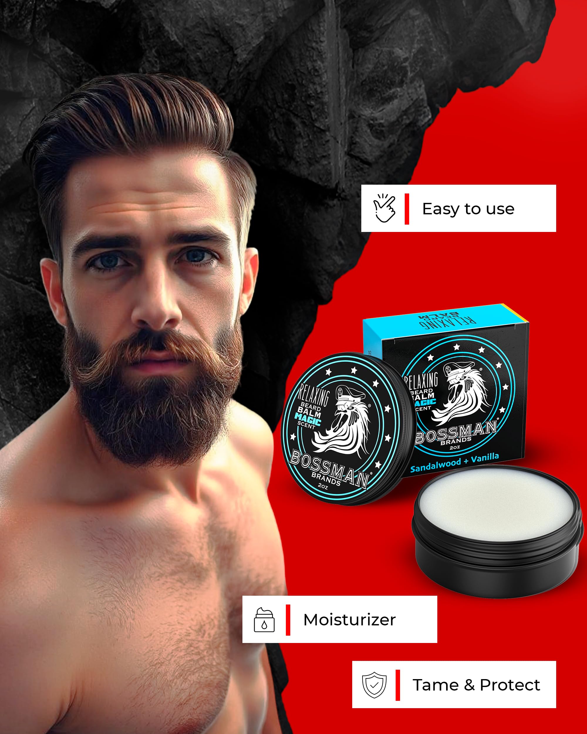 Bossman Relaxing Beard Balm in use on beard fiber for smooth frizz control.