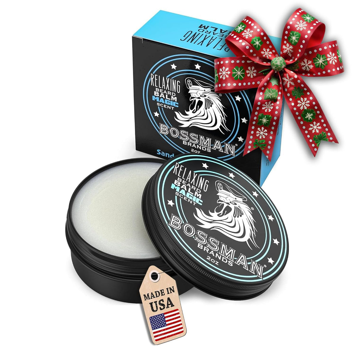 Bossman Relaxing Beard Balm magic scent jar with hydrated, manageable beard