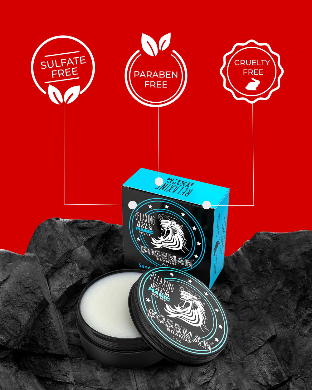 Bossman Relaxing Beard Balm sandalwood vanilla scent in display evokes calming routine.