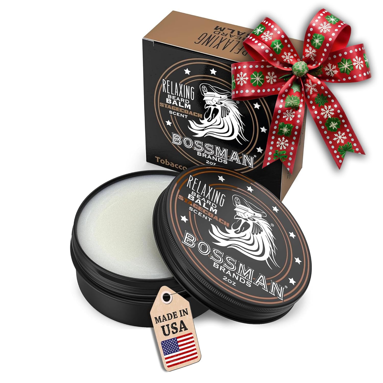 Bossman Relaxing Beard Balm Stagecoach bottle pour delivers smooth, hydrated beard.
