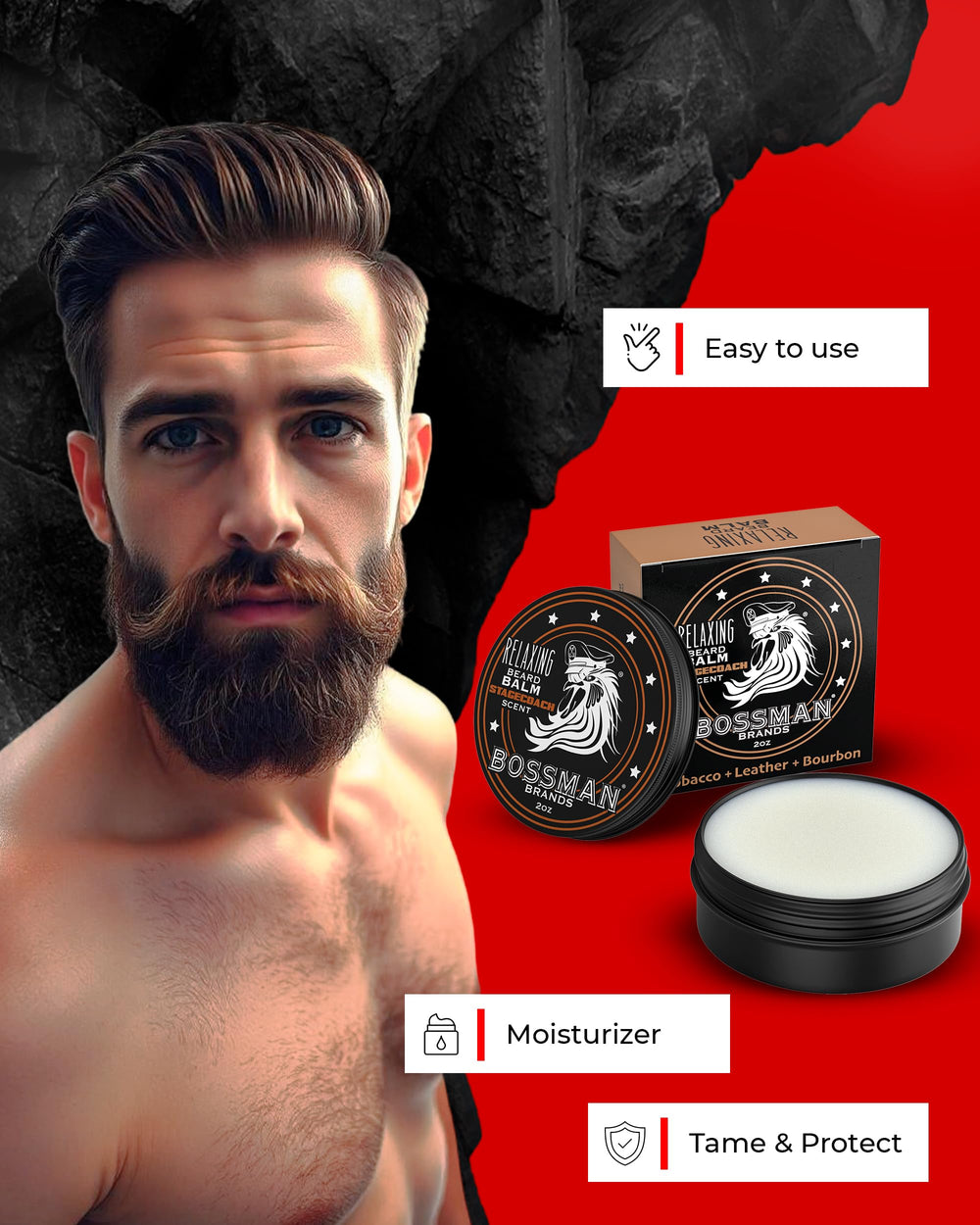 Bossman Relaxing Beard Balm Stagecoach jar close-up, creamy texture ready for easy application.