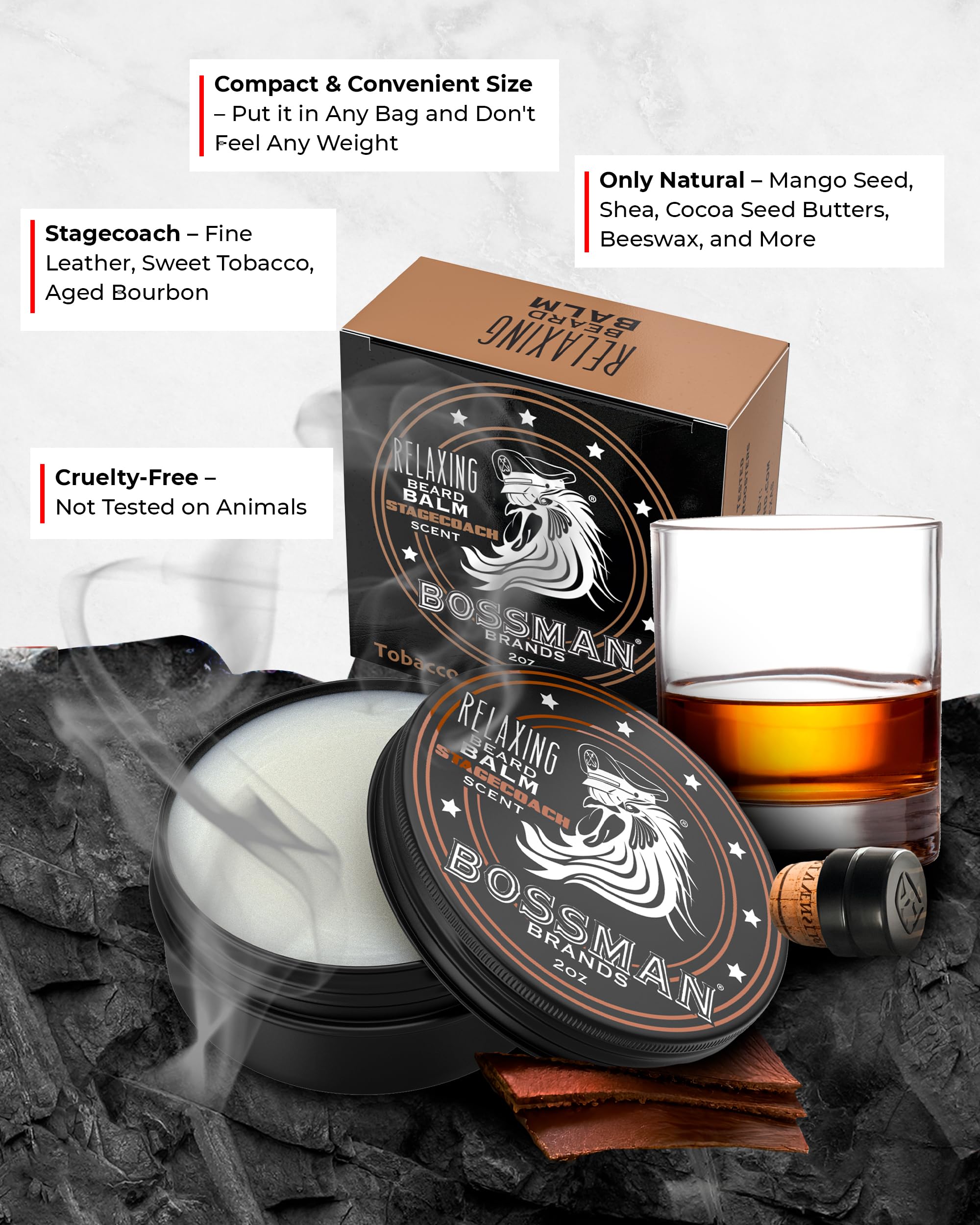 Stagecoach balm jar lid close evokes rugged, refined style for daily grooming.