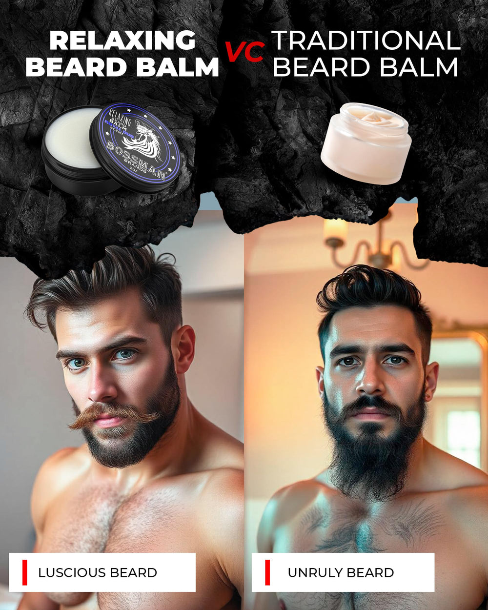 Bossman Relaxing Beard Balm Stagecoach taming action highlights frizz-free, manageable beard.