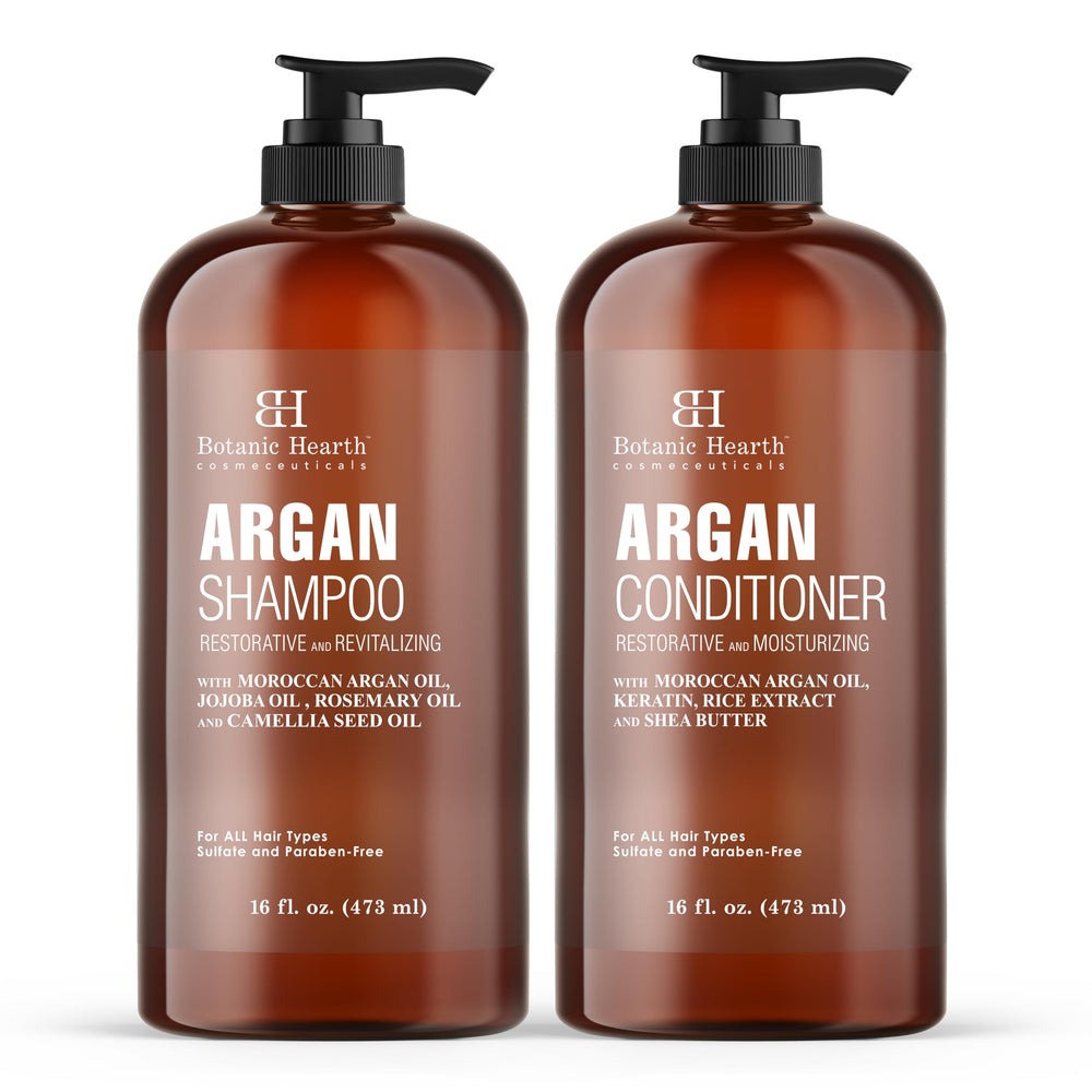 Botanic Hearth Argan Oil Shampoo bottle front shows sulfate-free formula for versatile hair types.