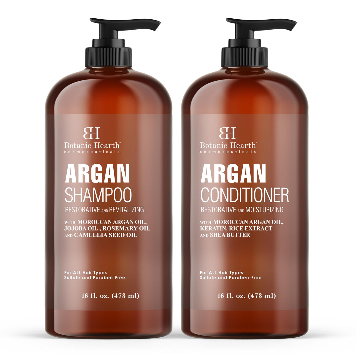 Botanic Hearth Argan Oil Shampoo bottle front shows sulfate-free formula for versatile hair types.