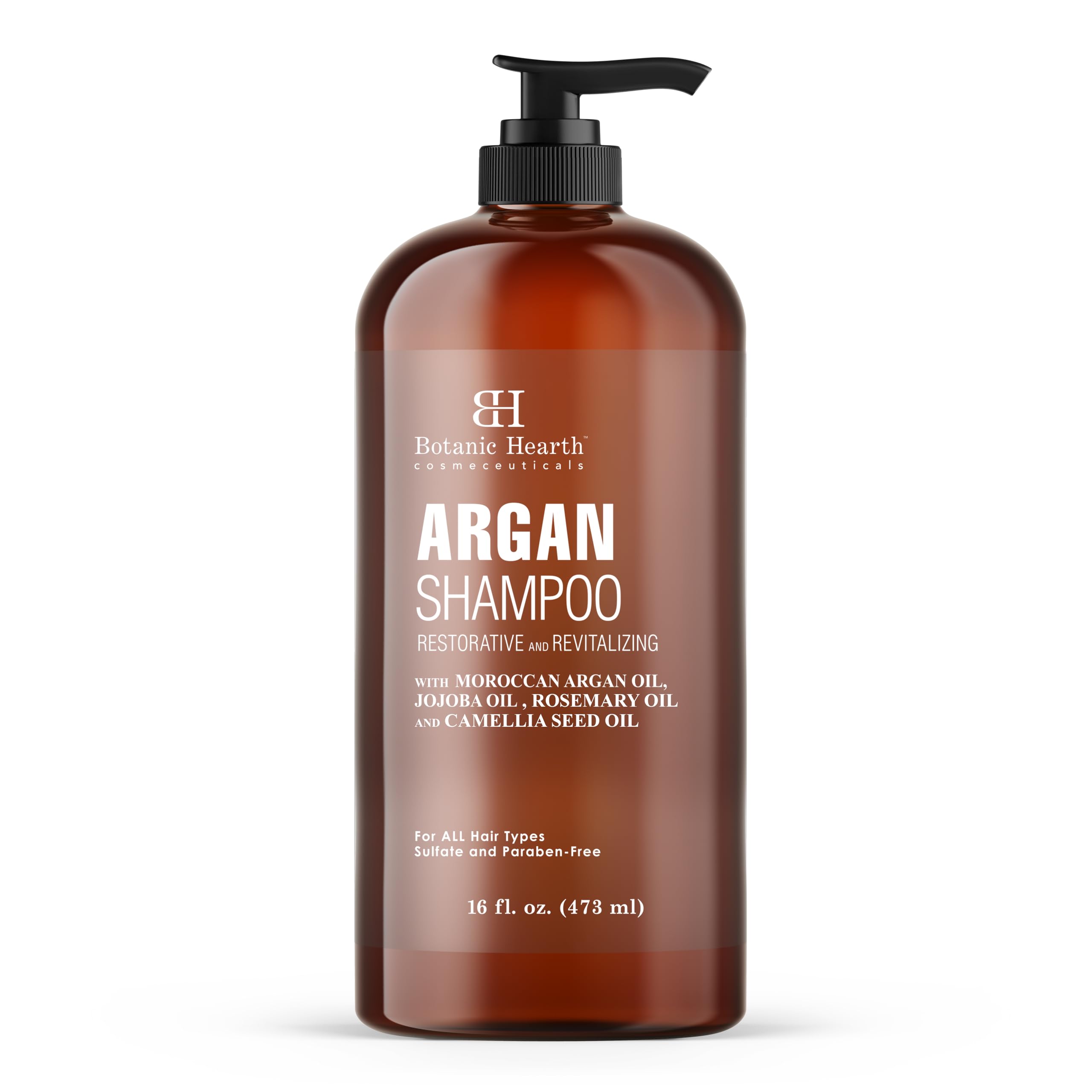 Botanic Hearth Argan Shampoo bottle with hydrated, volumized hair visual