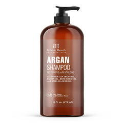 Botanic Hearth Argan Shampoo bottle with hydrated, volumized hair visual