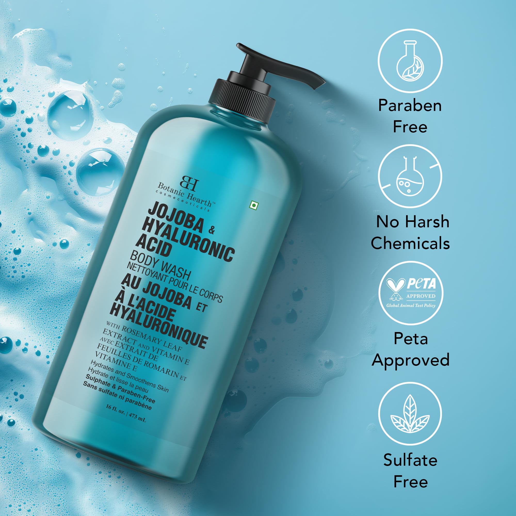 Botanic Hearth bottle on bath shelf conveying spa-like bathroom setup