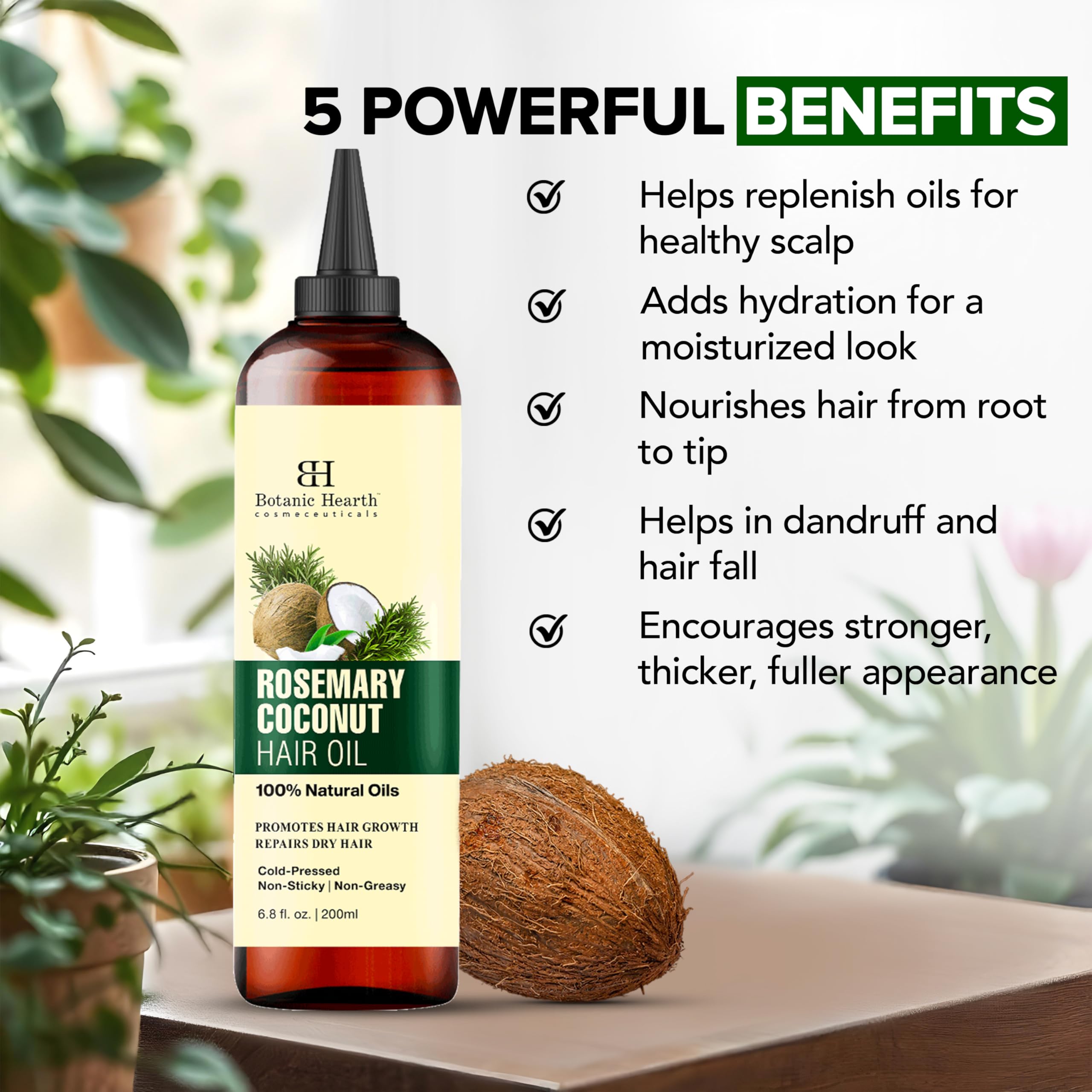 Botanic Hearth coconut oil ingredient image signals deep conditioning and hydration.