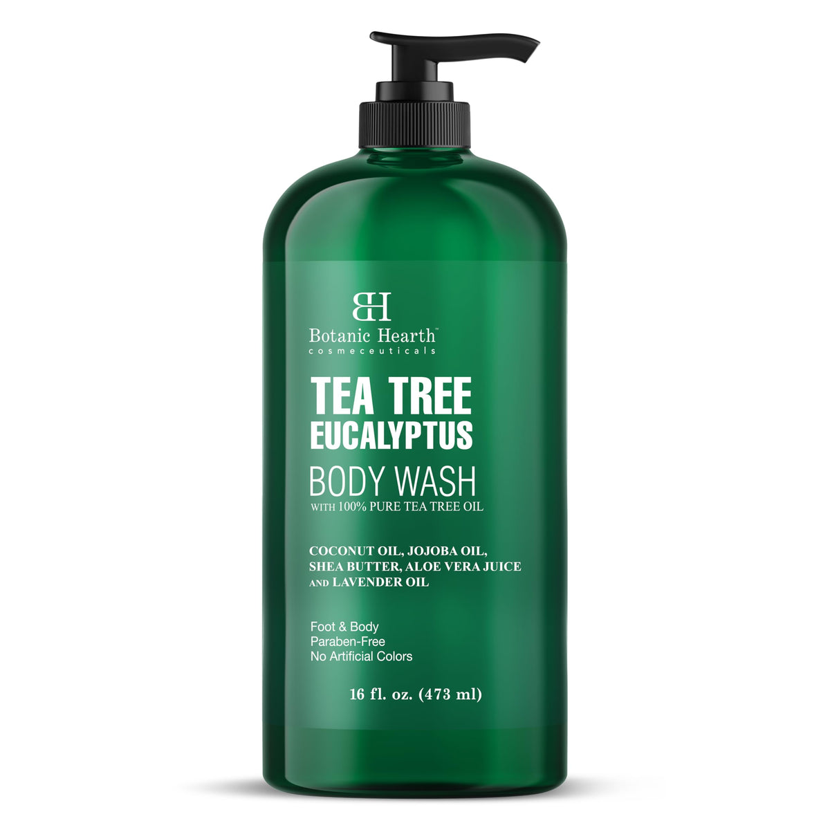 Botanic Hearth Eucalyptus Tea Tree Body Wash bottle provides invigorating cleanse for all skin types.