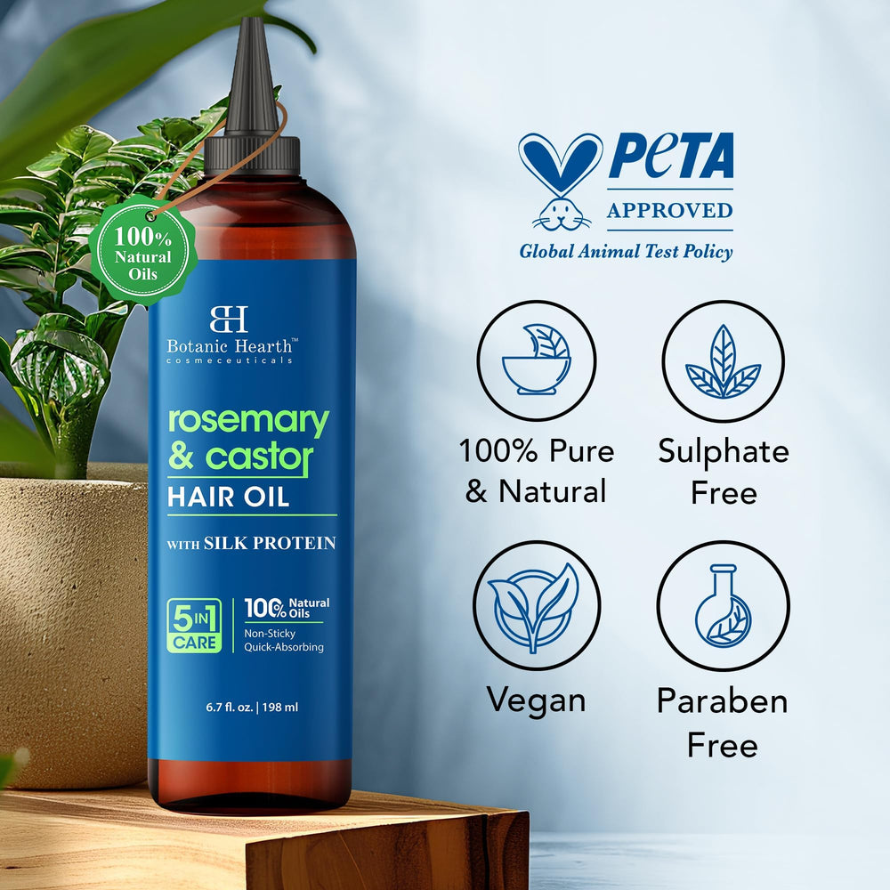 Botanic Hearth Rosemary & Castor Hair Oil fast-absorbing, non-sticky formula.