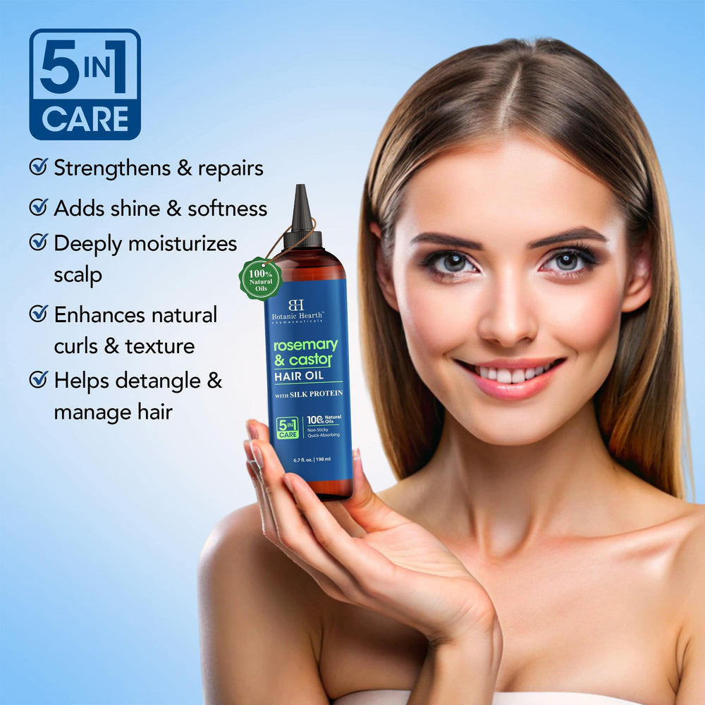 Botanic Hearth Rosemary & Castor Hair Oil applied to damp hair supports routine care.