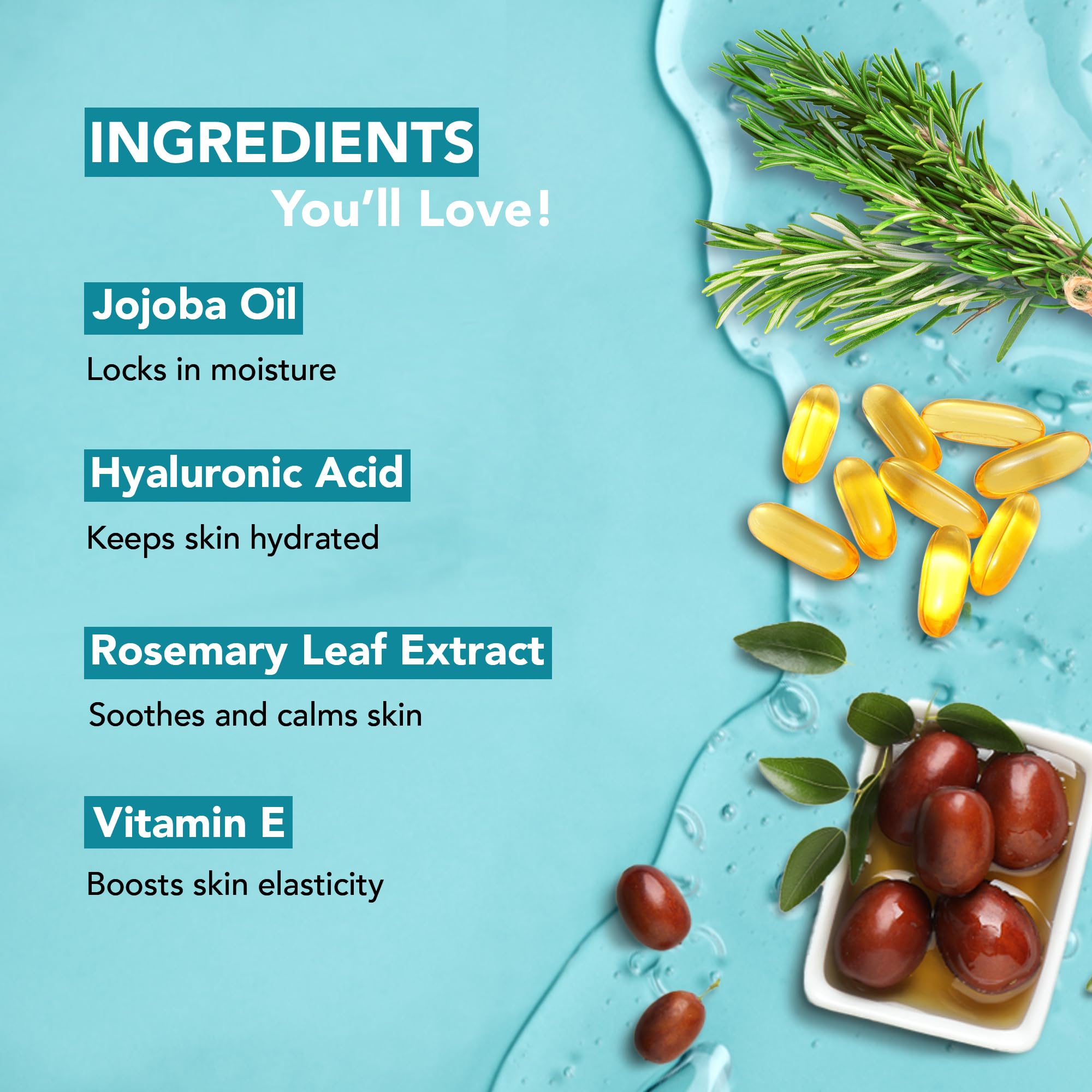 Botanic Hearth ingredient display including jojoba and hyaluronic acid