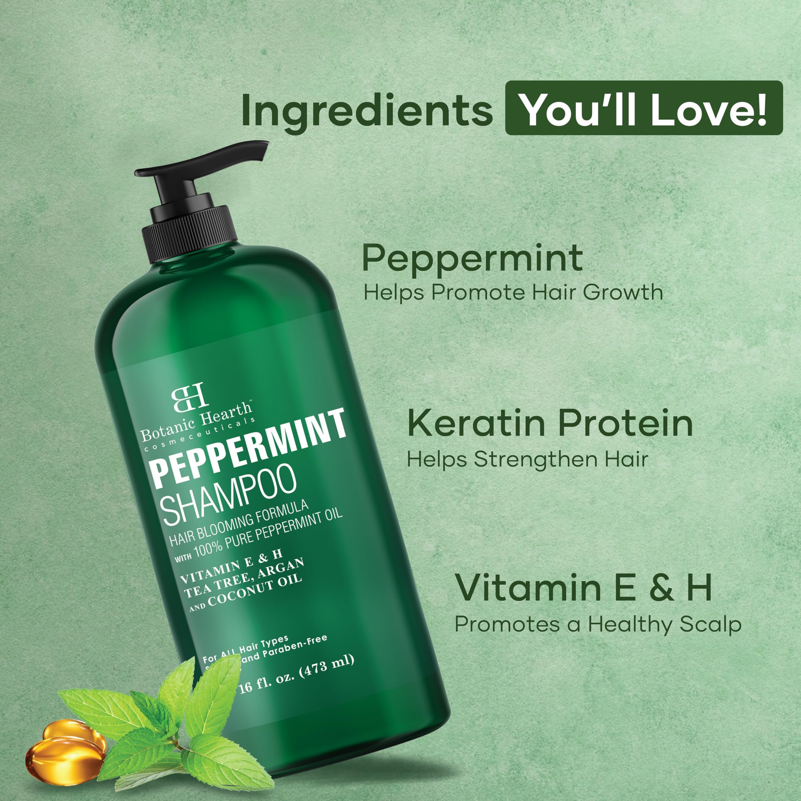 Botanic Hearth Peppermint Oil Shampoo ingredients list featuring keratin and natural oils.