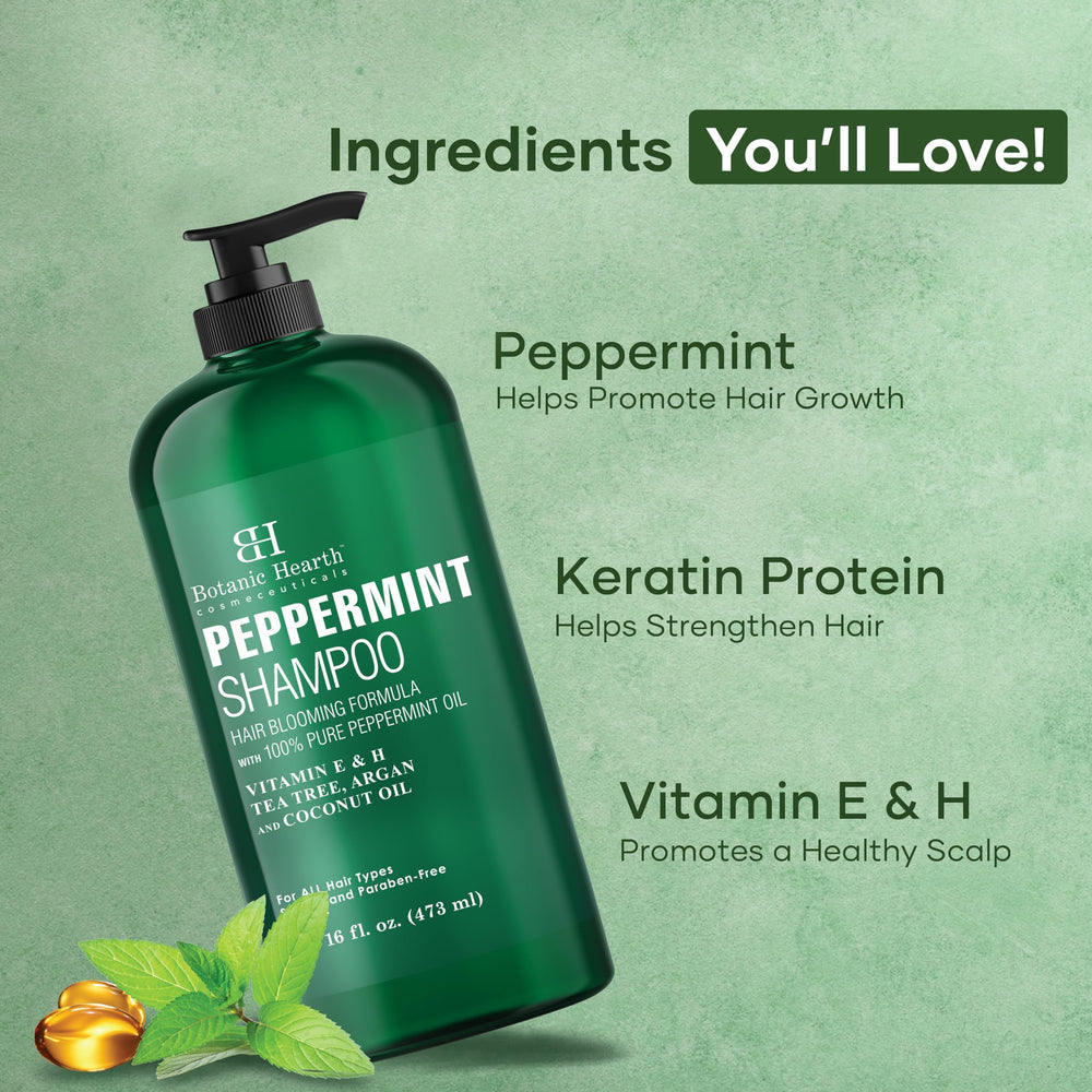Botanic Hearth Peppermint Oil Shampoo ingredients list featuring keratin and natural oils.