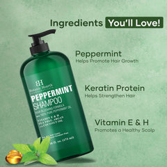 Botanic Hearth Peppermint Oil Shampoo ingredients list featuring keratin and natural oils.