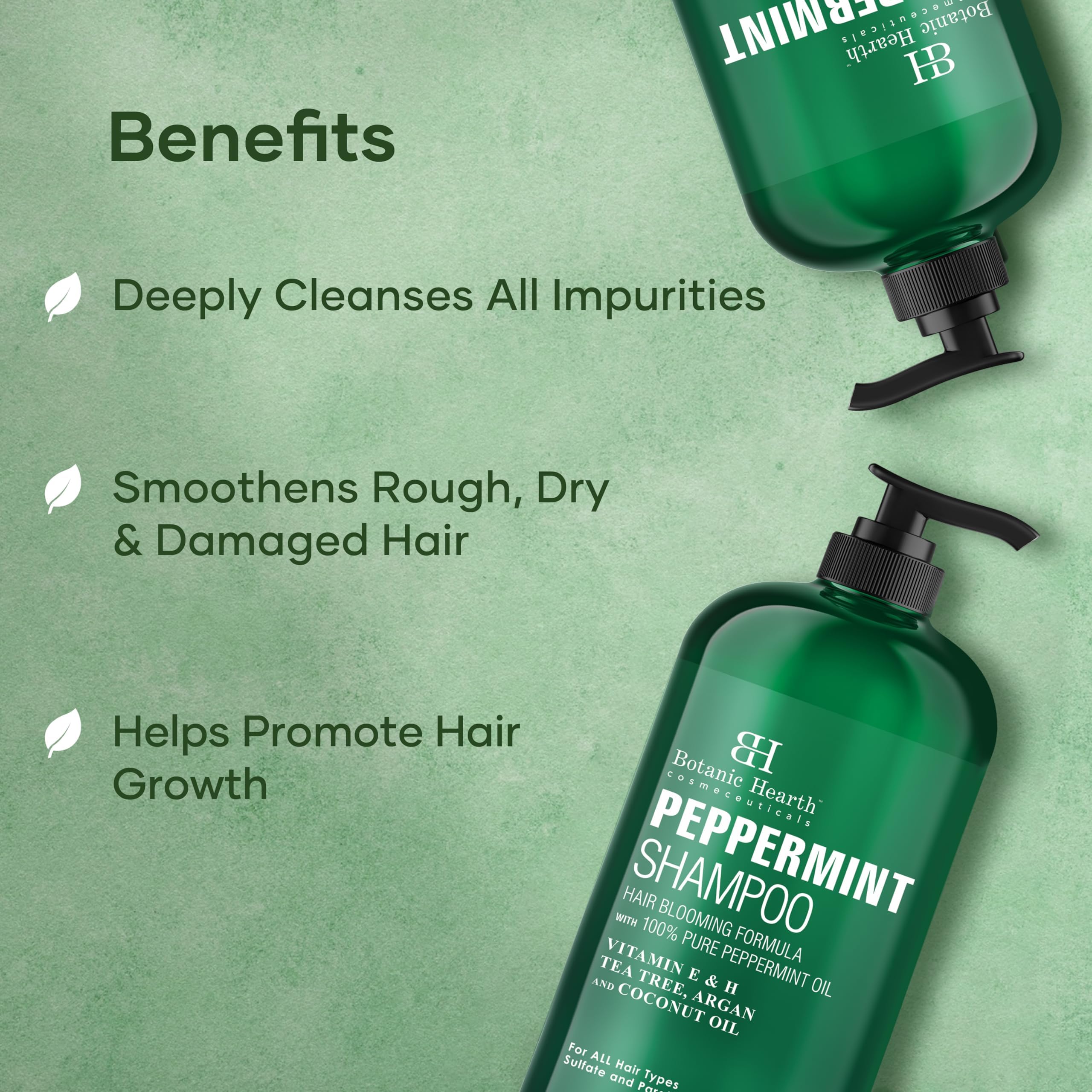 Botanic Hearth Peppermint Oil Shampoo packaging emphasizes cruelty-free and sulfate-free formula.