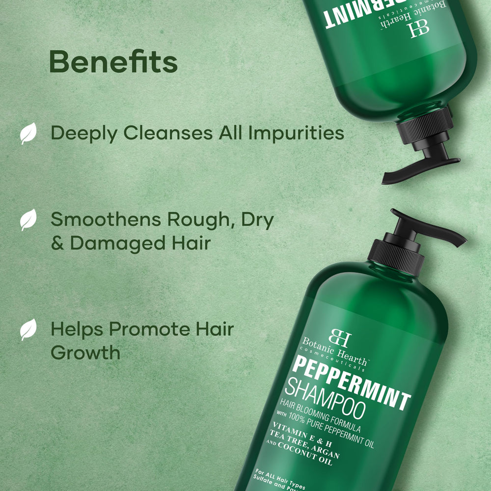 Botanic Hearth Peppermint Oil Shampoo packaging emphasizes cruelty-free and sulfate-free formula.