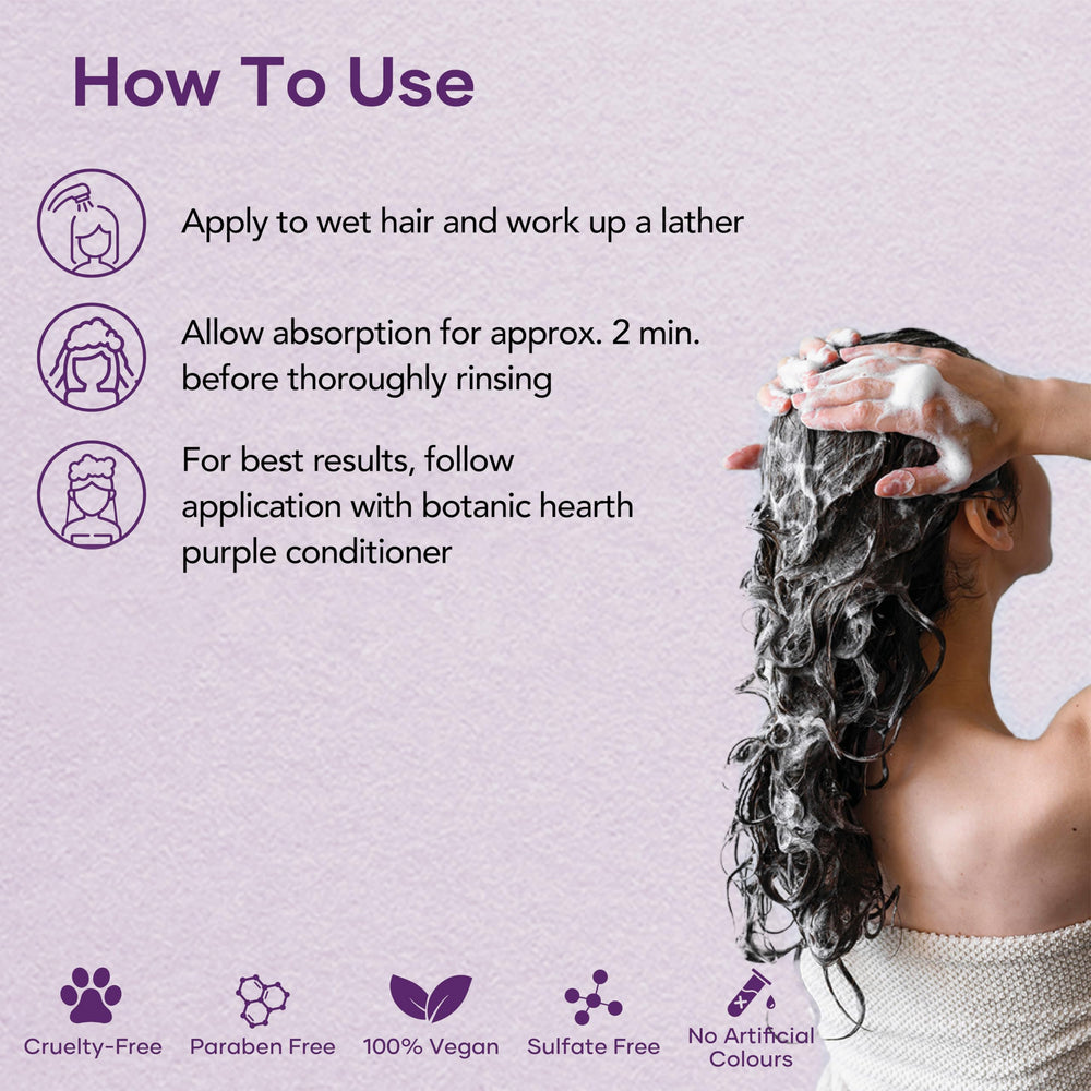 Botanic Hearth purple shampoo brass-neutralizing effect close-up on color-balanced hair.