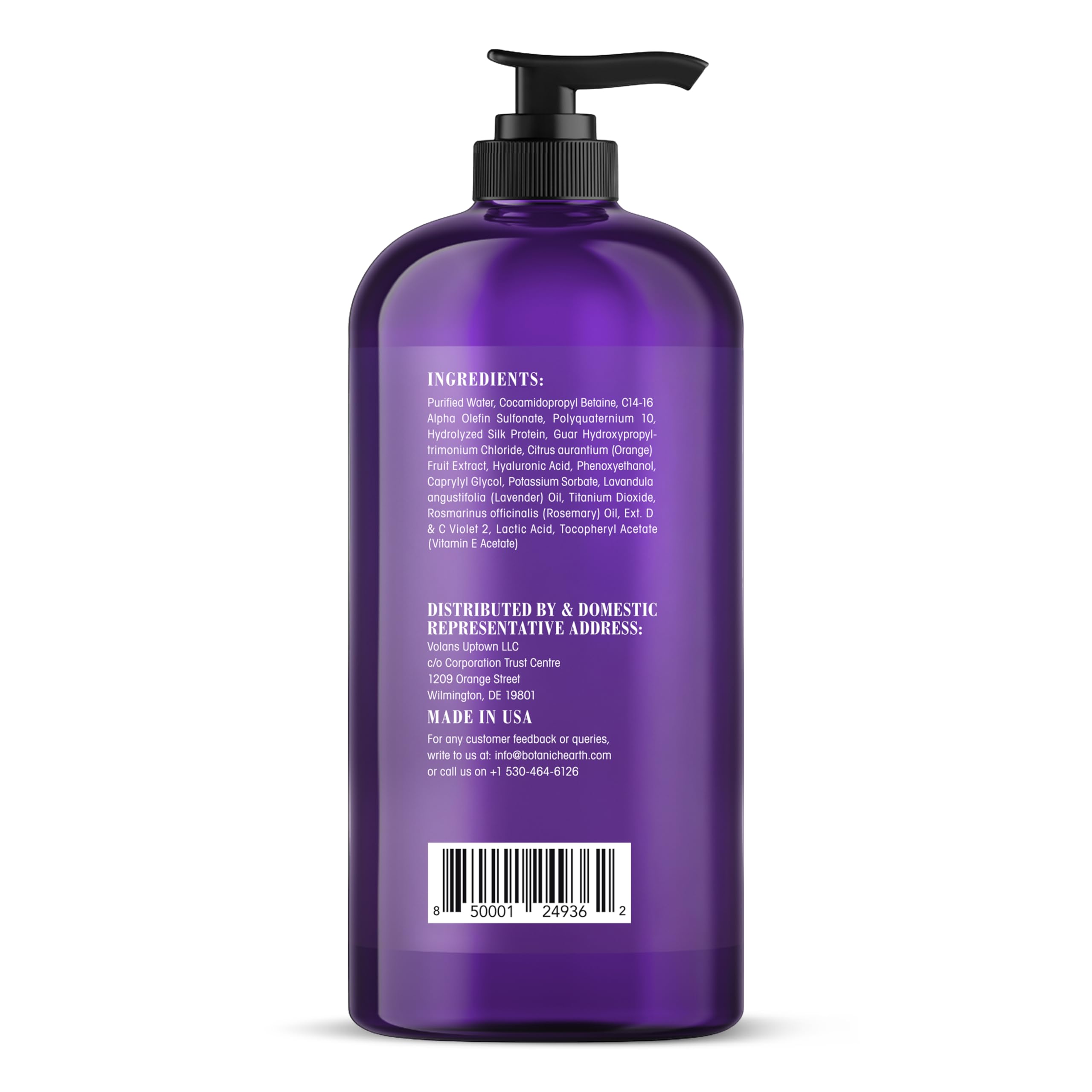 Botanic Hearth purple shampoo lavender oil detail emphasizes calming fragrance.