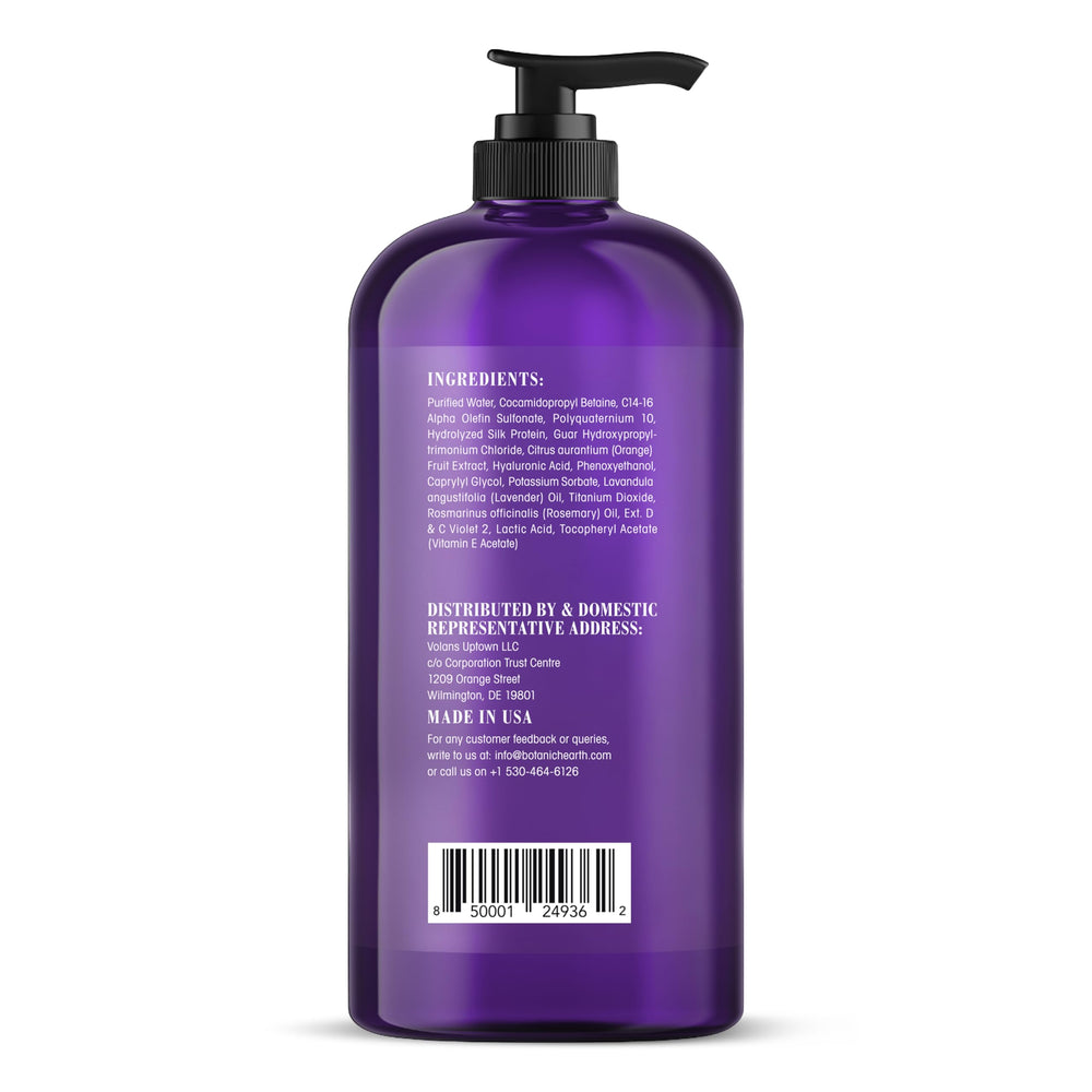 Botanic Hearth purple shampoo lavender oil detail emphasizes calming fragrance.