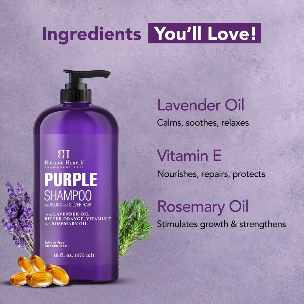 Botanic Hearth purple shampoo rosemary oil detail signals nourishing scalp care.