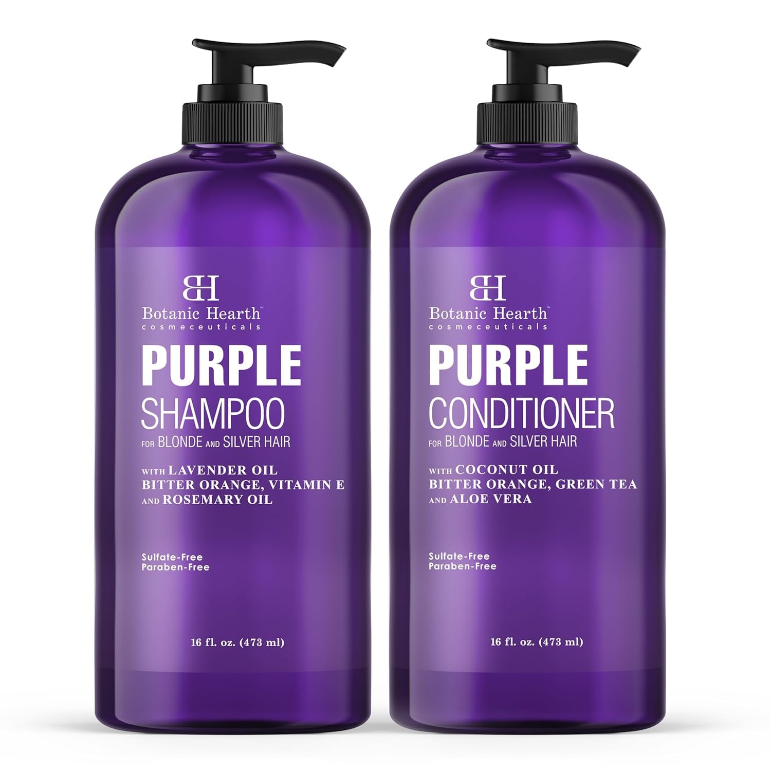 Botanic Hearth purple shampoo set front bottle demonstrates vibrant color enhancement for cooler blonde tones.