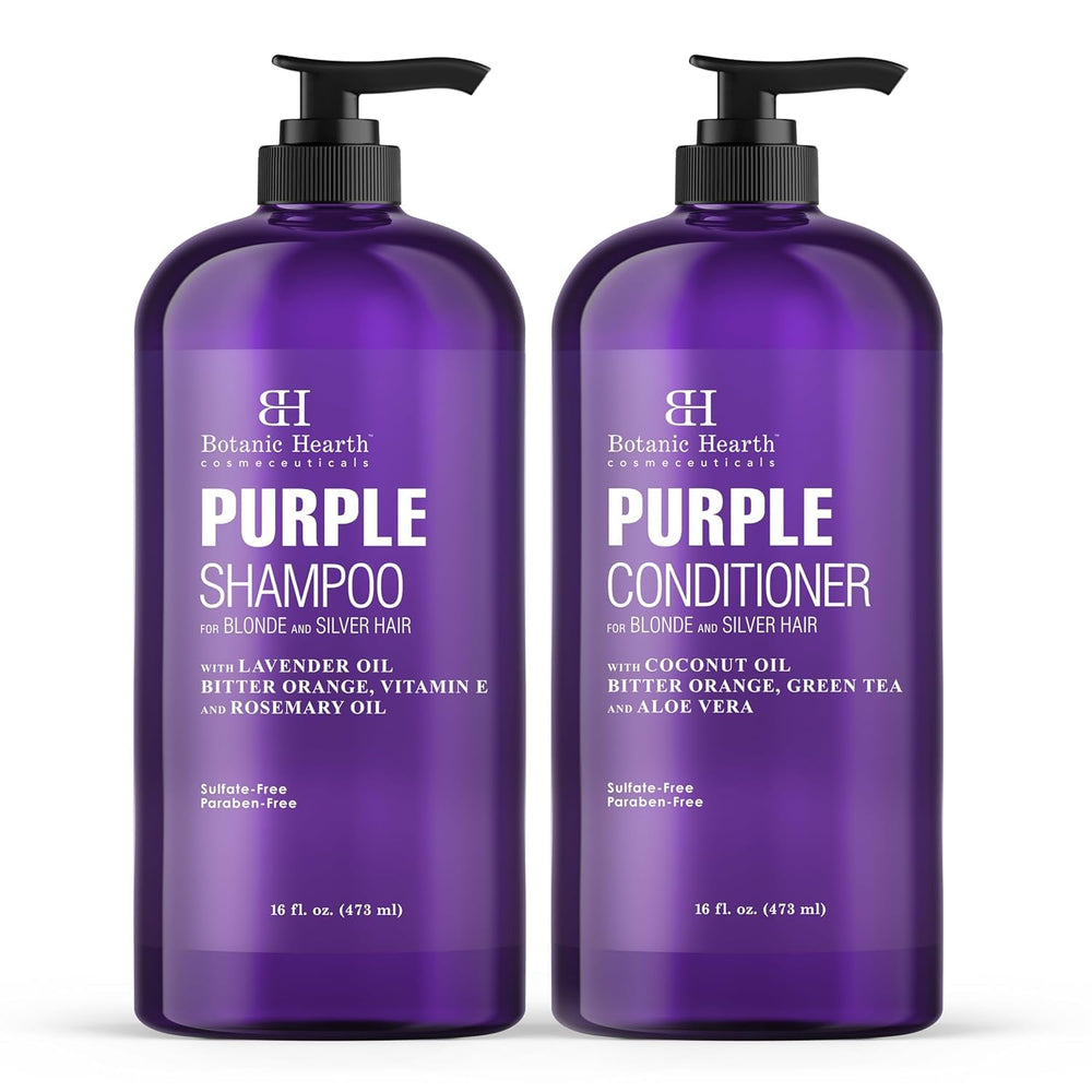 Botanic Hearth purple shampoo set front bottle demonstrates vibrant color enhancement for cooler blonde tones.