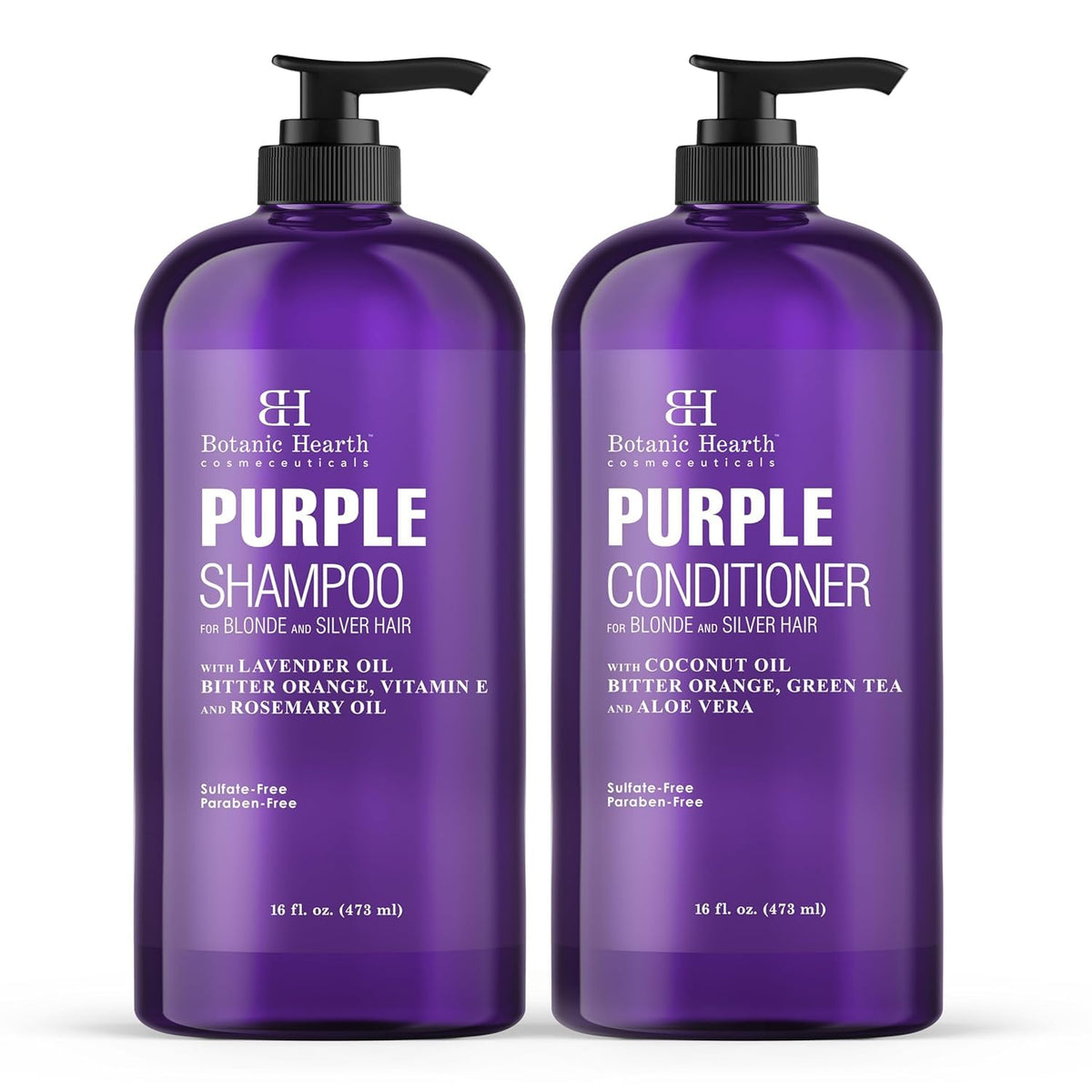 Botanic Hearth purple shampoo set front bottle demonstrates vibrant color enhancement for cooler blonde tones.