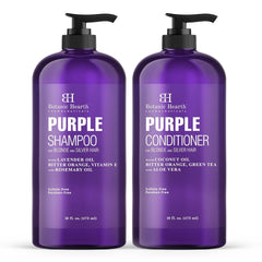 Botanic Hearth purple shampoo set front bottle demonstrates vibrant color enhancement for cooler blonde tones.