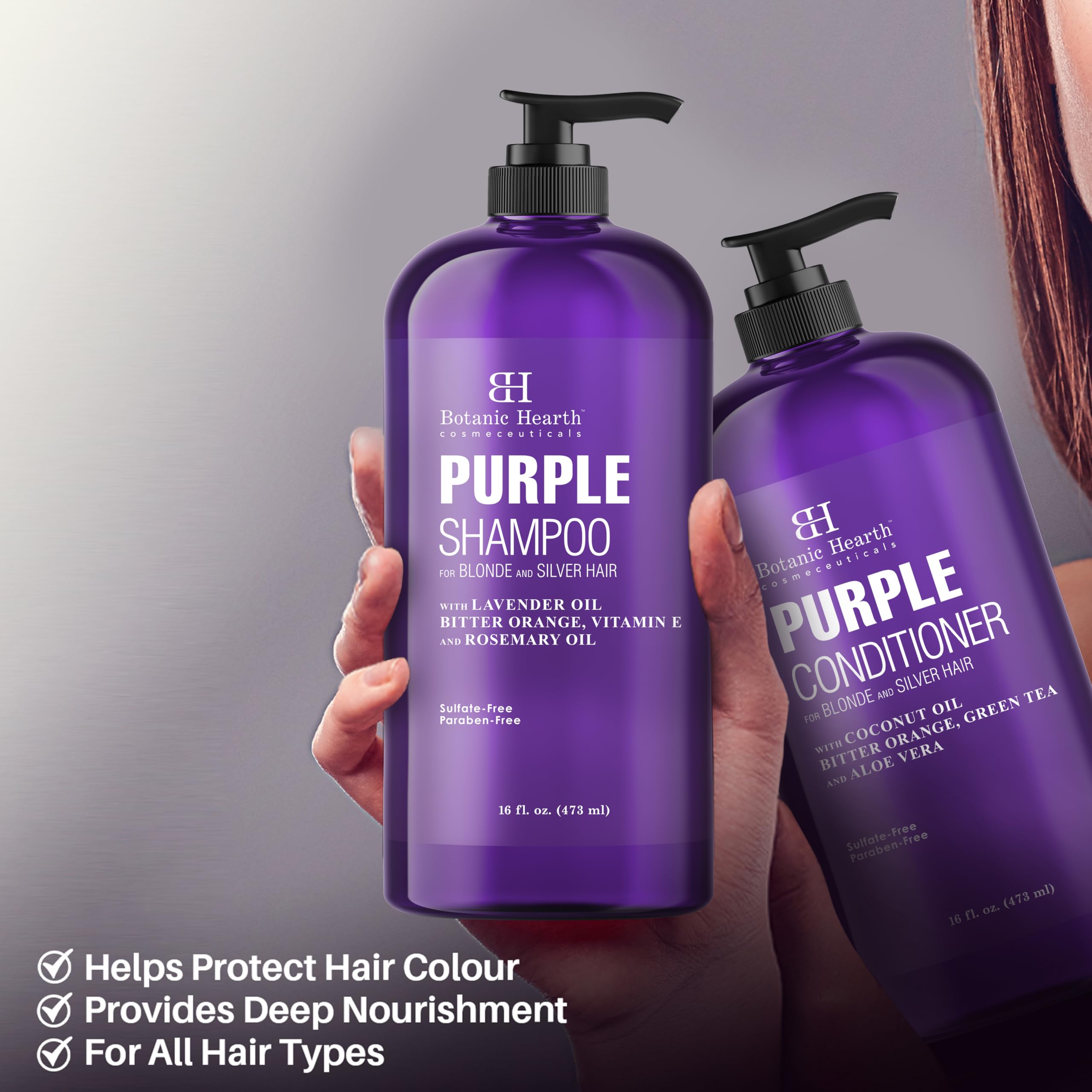 Botanic Hearth purple shampoo set label closeup emphasizes cruelty-free, USA-made quality.