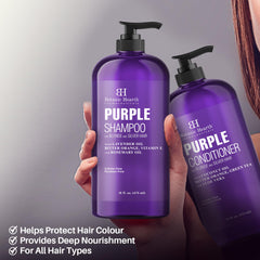 Botanic Hearth purple shampoo set label closeup emphasizes cruelty-free, USA-made quality.