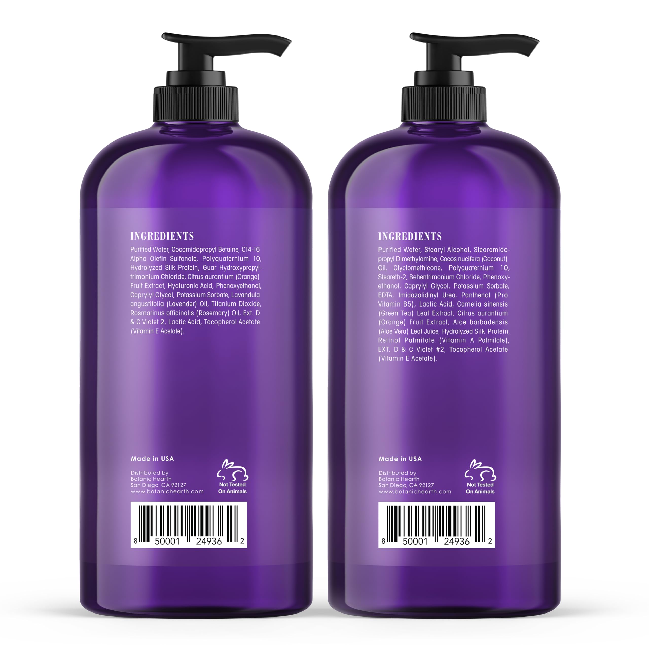 Botanic Hearth purple shampoo set side bottles highlights sulfate-free formula for gentle cleansing.