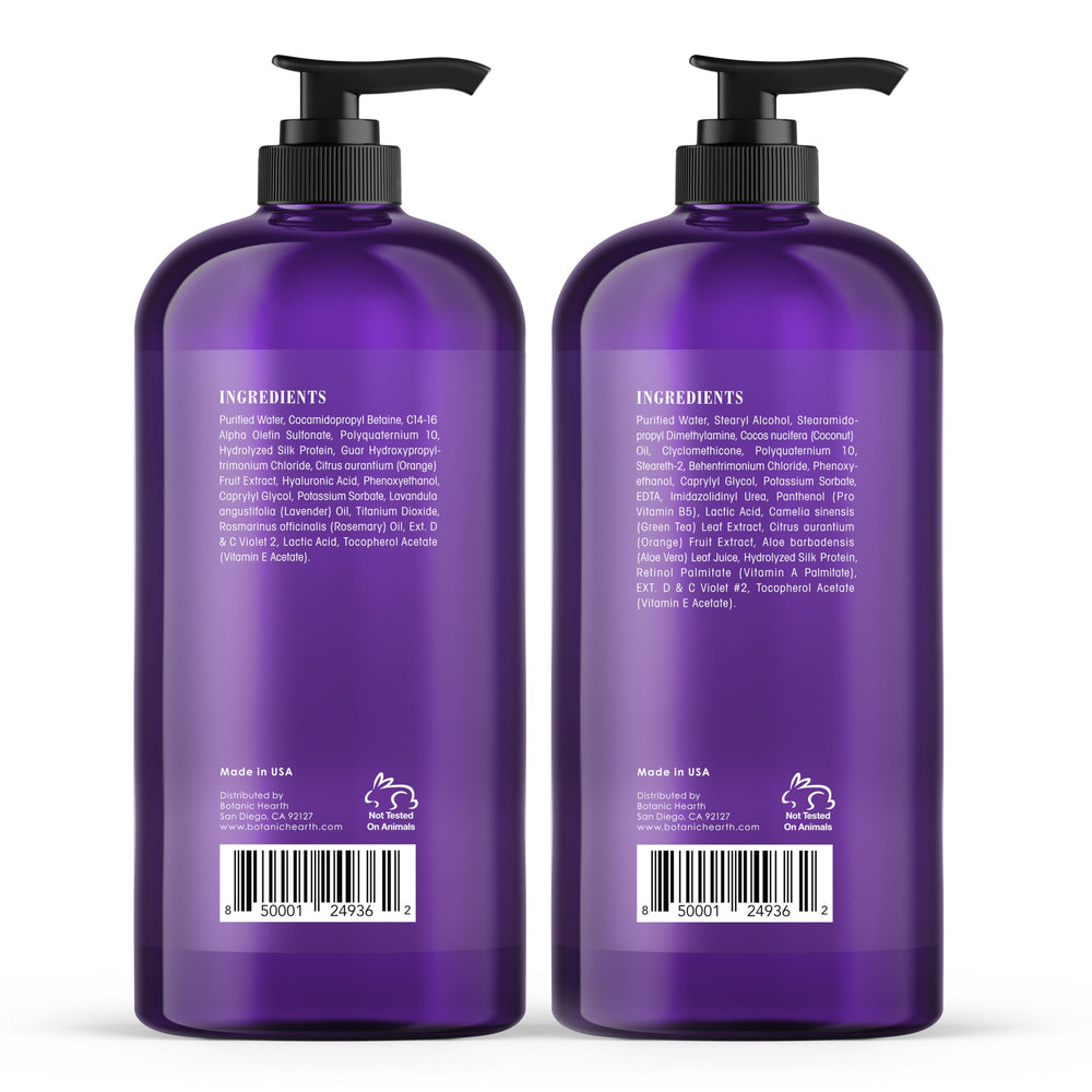 Botanic Hearth purple shampoo set side bottles highlights sulfate-free formula for gentle cleansing.