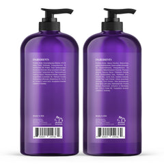 Botanic Hearth purple shampoo set side bottles highlights sulfate-free formula for gentle cleansing.