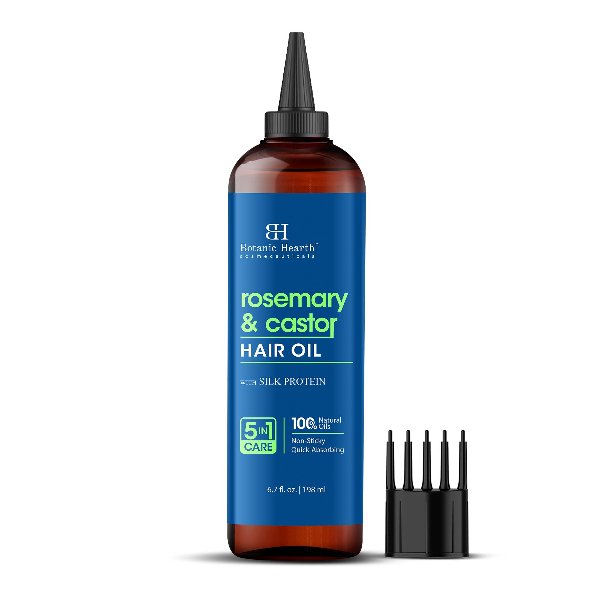 Botanic Hearth Rosemary & Castor Hair Oil bottle nourishes scalp and thicker hair.